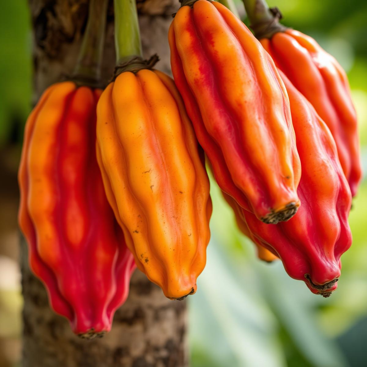 Frutos de cacau maduros no cacaueiro