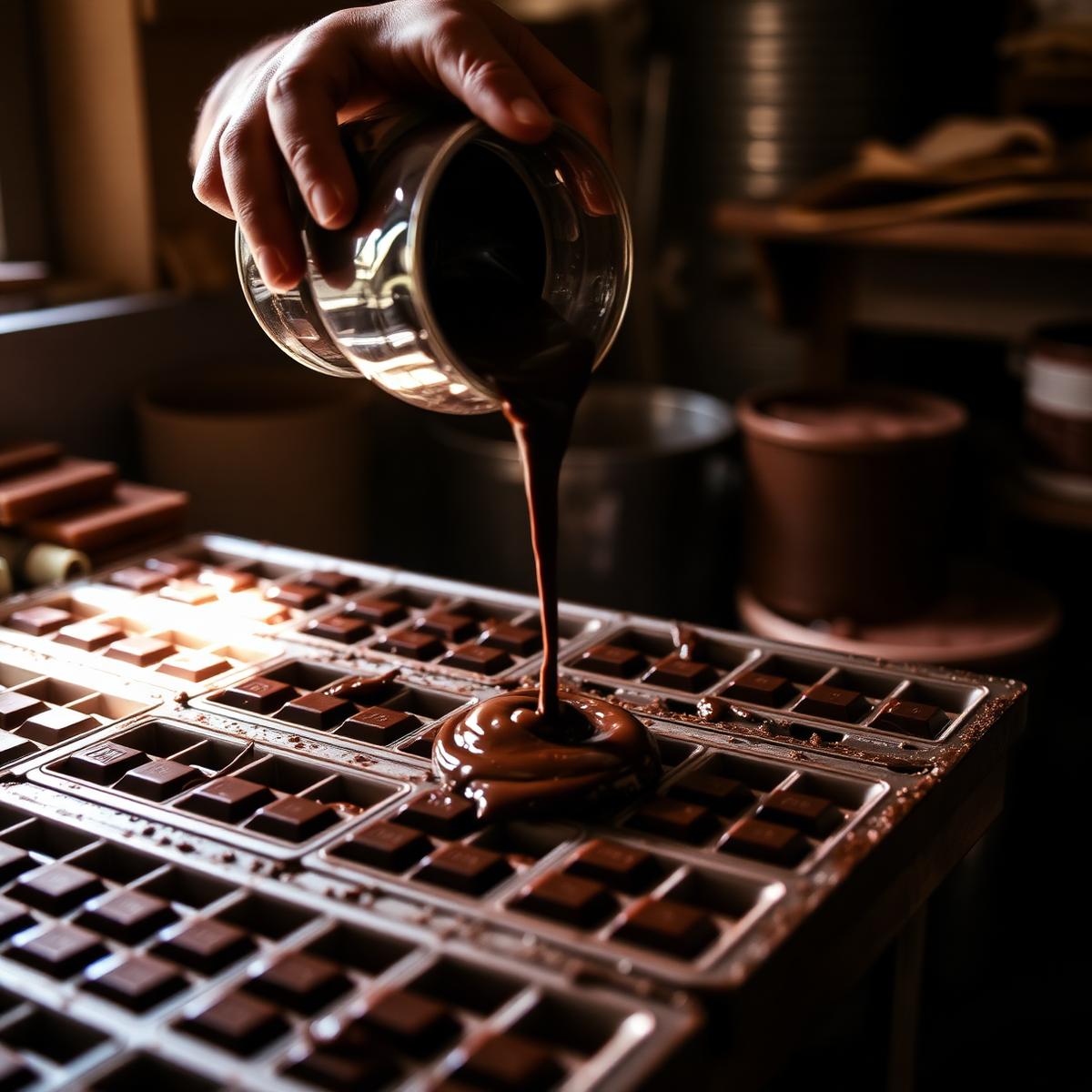 Produção premium: chocolate sendo moldado em barras